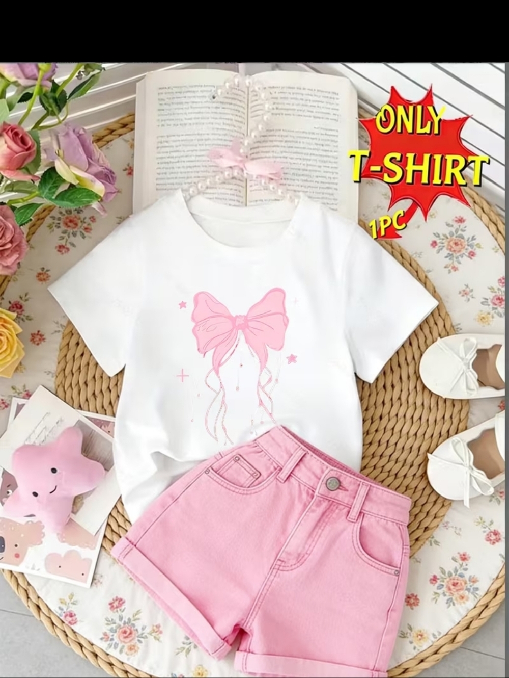 Girls White Tee with Pink Bow Graphic sz 5-6yrs #1364-248